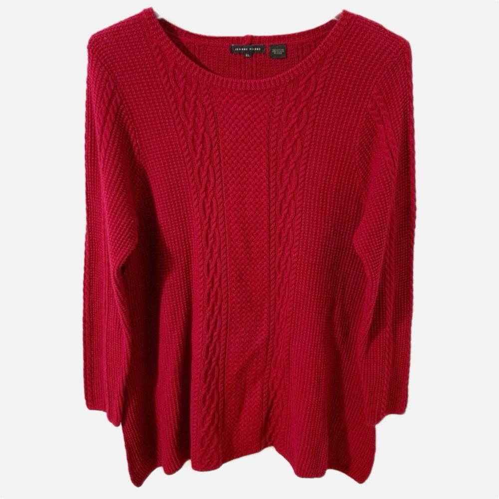Jeanne Pierre 100% Cotton Tunic Length Knit Long Sleeve Rounded Neck Sweater 🔴